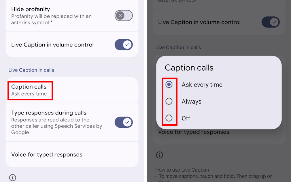 Tap Caption calls and select Ask every time, Always or Off.